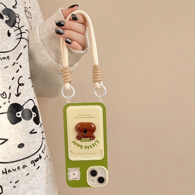 Cute 3D Little Bear for iPhone 16 Pro Max 15 Plus 13 Mini 14 12 11 Pro XS XR 7 8 SE Card Holder Cartoon Phone Case With Lanyard