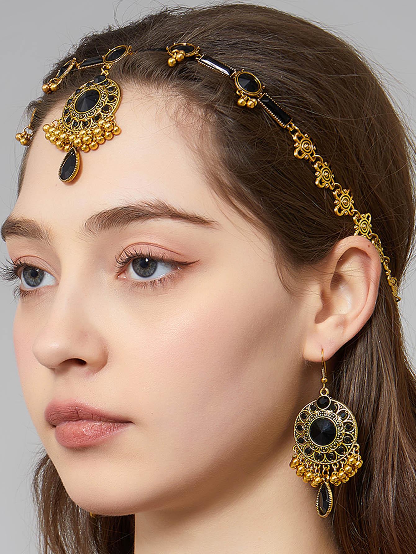 Exotic Fashion Retro Indian Crystal Head Chain & Earrings Jewelry Set чёрный