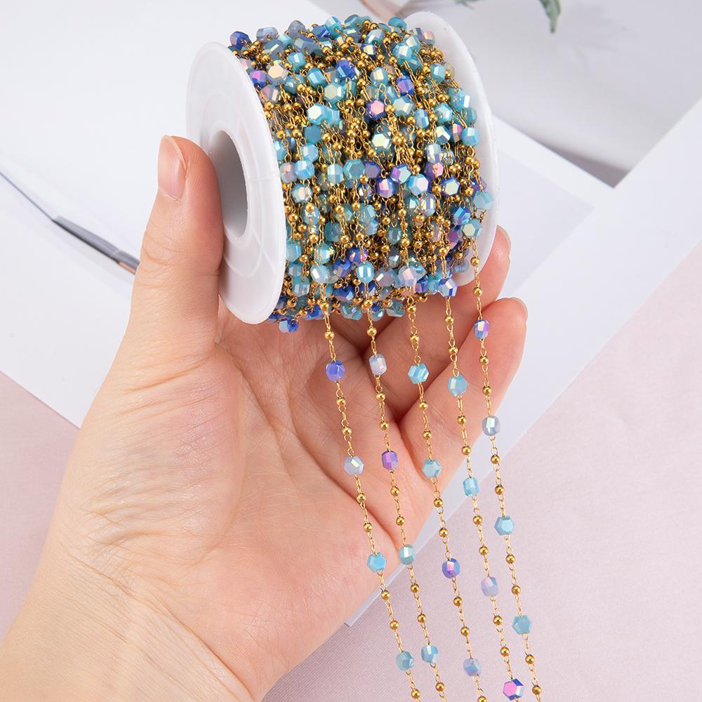 1meter Crystal Bead Stainless Steel Chain Blue Natural Stone Beaded Sweater Chain Supplies Necklace Bracelet Jewelry Making DIY