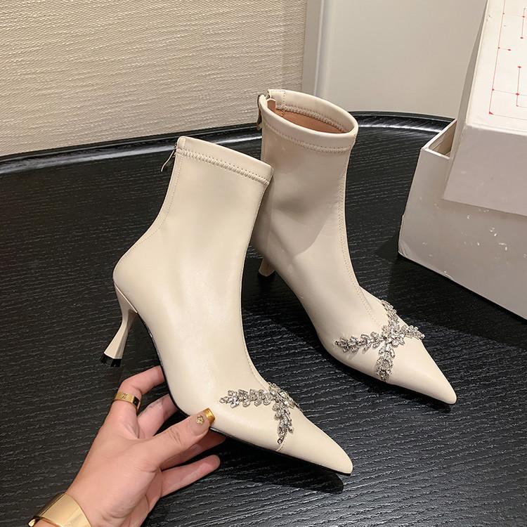 2025 Autumn and Winter Pointed Thin High Heel Short Boots Women's Large Size 34-42 Women's Shoes Martin Boots Rhinestone Ankle Boots Skinny Boots