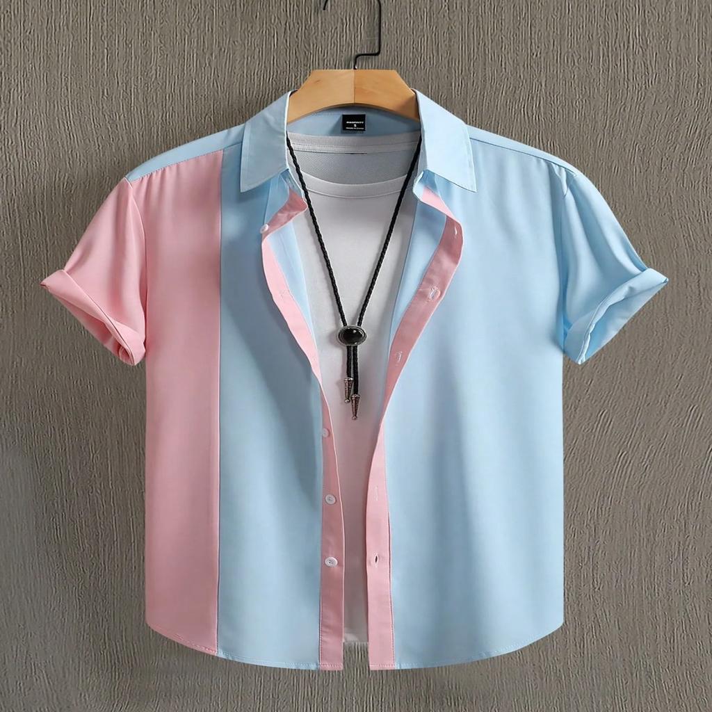 Men's Contrast Patchwork Short Sleeve Shirt Casual Lapel Button Down Top for Daily Commute Vacation