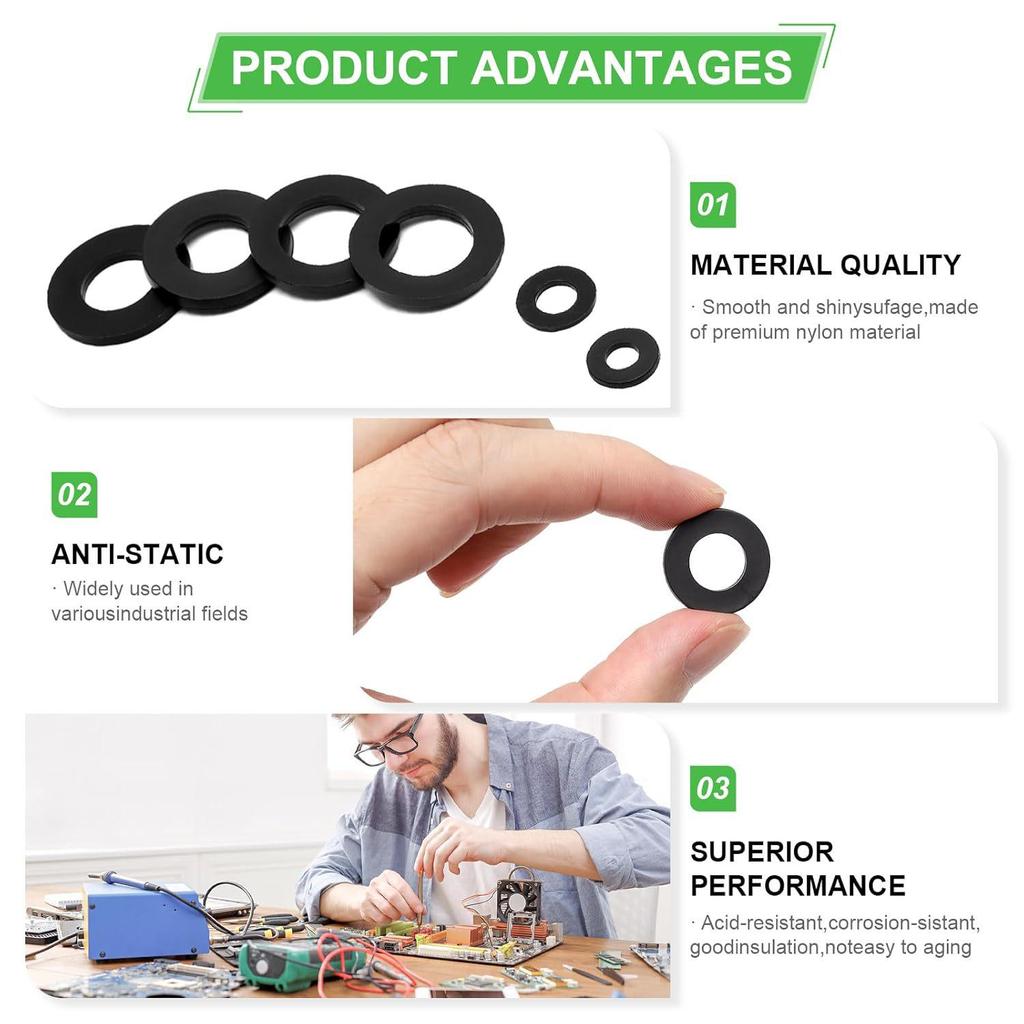 650-Piece Black Nylon Flat Washer Set with Insulating Gaskets