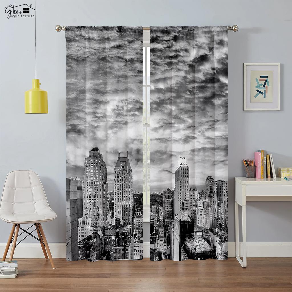 High Quality City Building 3d Printed Curtains Night View Hand-Painted Industrial Style Blackout Heat Insulation Curtains 2PCS
