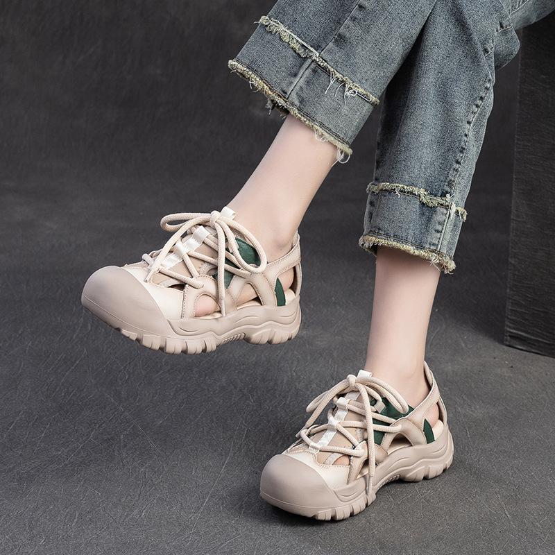 4CM Women Sandals Weave Genuine Leather Moccasins Fashion Summer Natural Platform Falts Chunky Sneakers Slip on Hollow Shoes