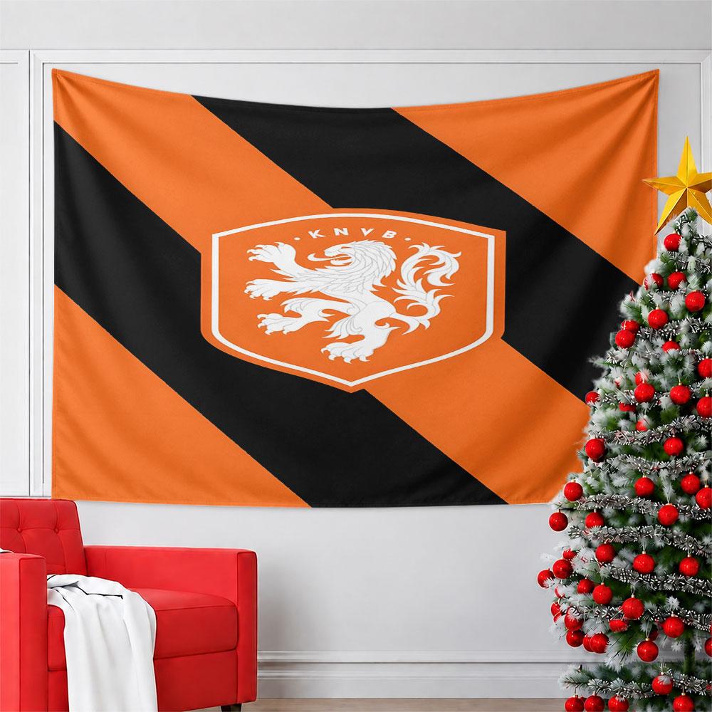 Orange Lion KNVB Emblem on Striped Background Pattern Wall Hanging Tapestry Decorative Tapestry Home Decor for Bedroom and Living Room
