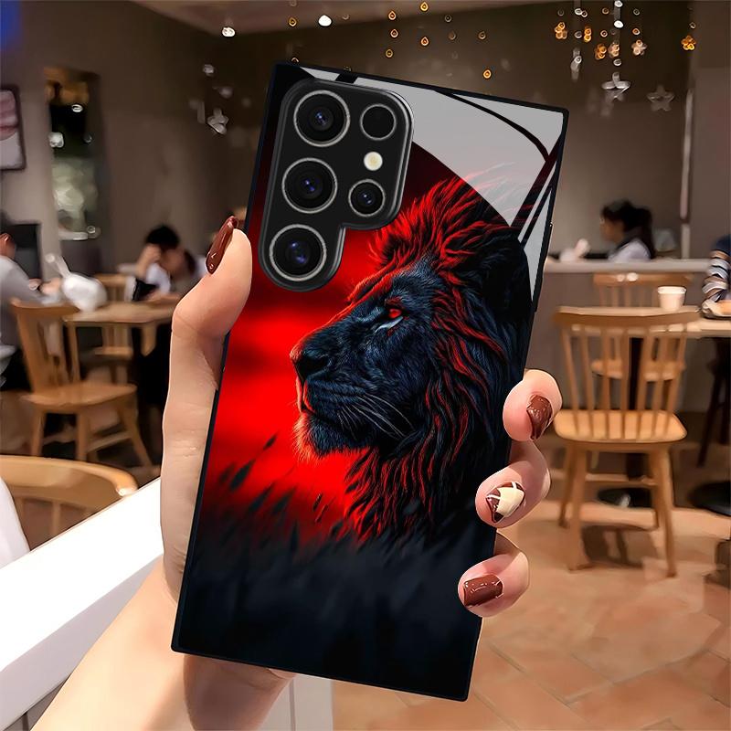 Custodia per Telefono 2D con Motivo Leone Ombra Rossa per Samsung S26 S25 S24 S23 S22 S21 S20 A56 A36 A16 - Copertura Protettiva in Vetro