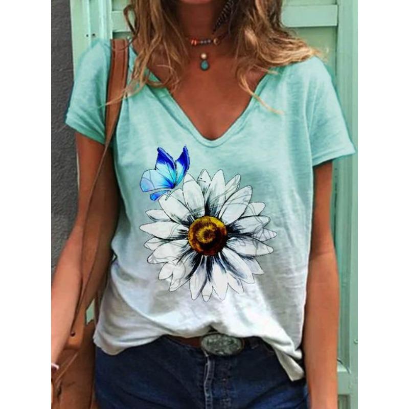 Sommer Schmetterling Libelle 3D V-Ausschnitt Bedruckt Neues Damen Top T-Shirt