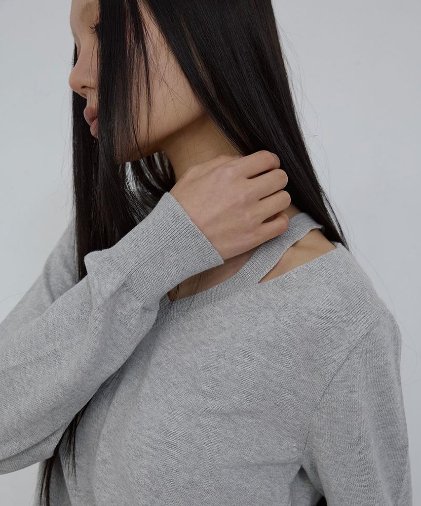 Uusoo Deep V-Neck Cotton Sweater_ Melange Gray