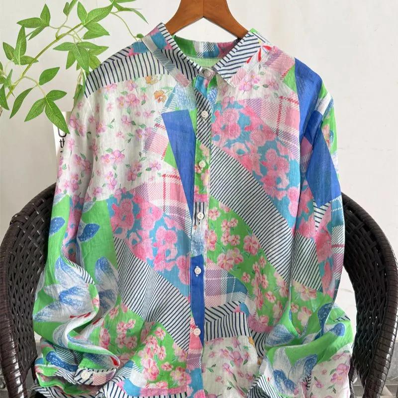 Womens Floral Patchwork Print Long Sleeve Button Down Shirt S зелёный