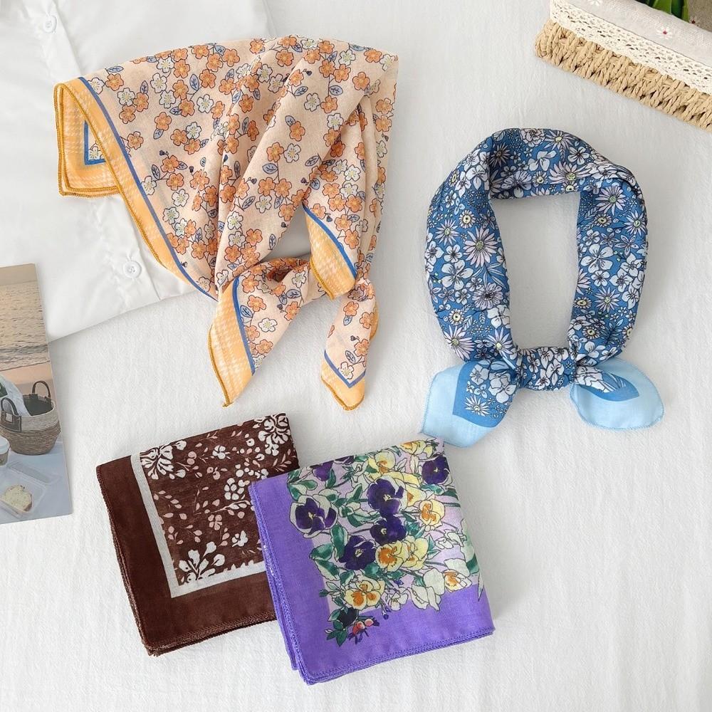 Square Cotton Linen Square Scarf Pastoral Style Scarf Hair Band Headband Floral Kerchief  Women