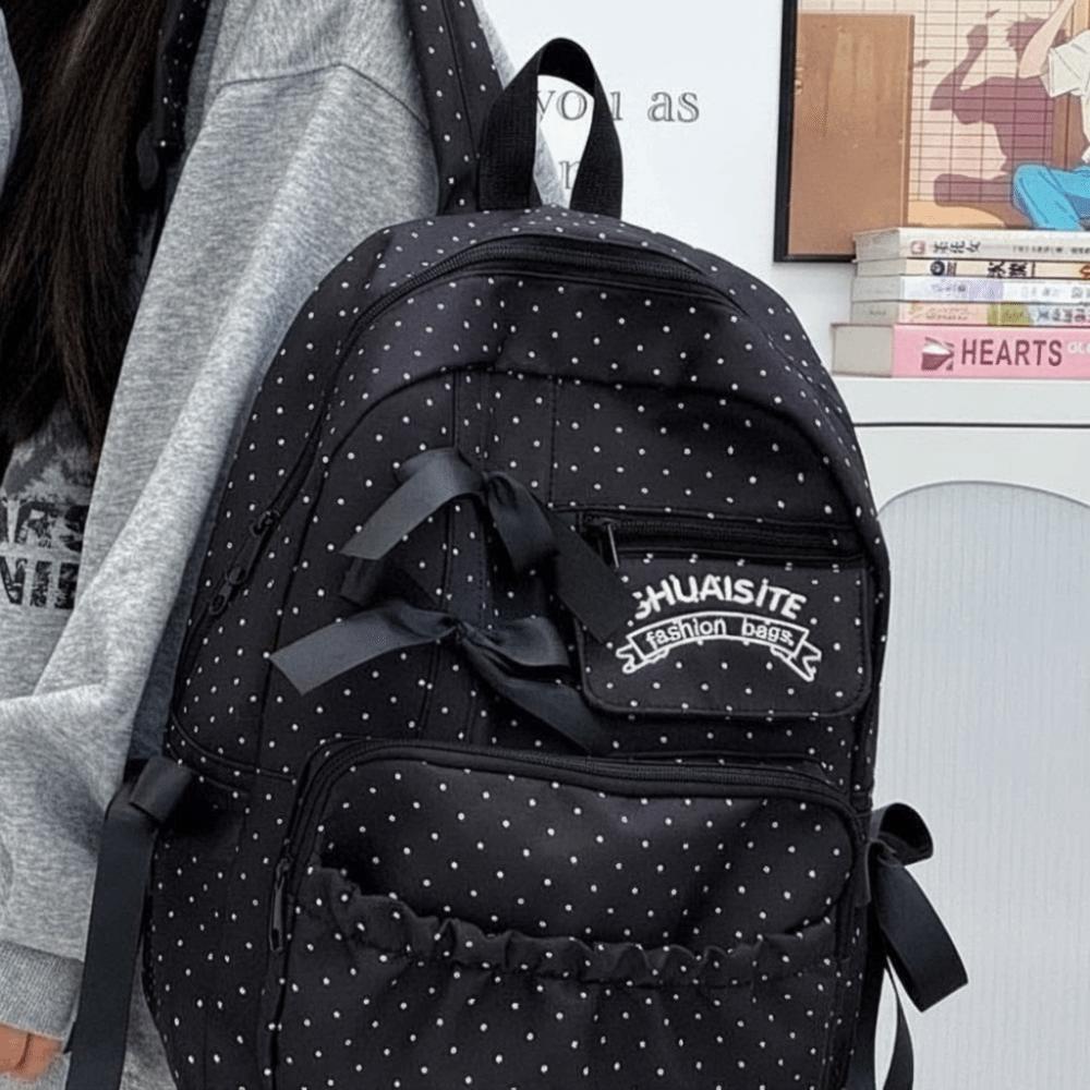 Zaino a pois con fiocco, grande capacità, multi-scomparto, daypack, borsa scolastica alla moda per adolescenti