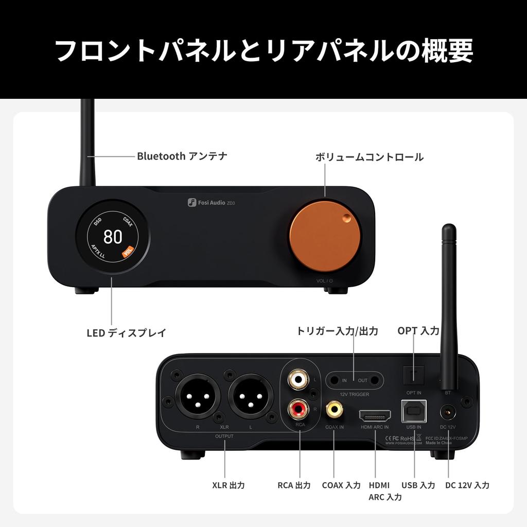 Fosi Audio ZD3 Desktop-DAC-Vorverstärker, vollständig symmetrischer Audiokonverter, ausgestattet mit ES9038Q2M-Chip für Heim-Stereoverstärker, HDMI-ARC-Eingangsausgang