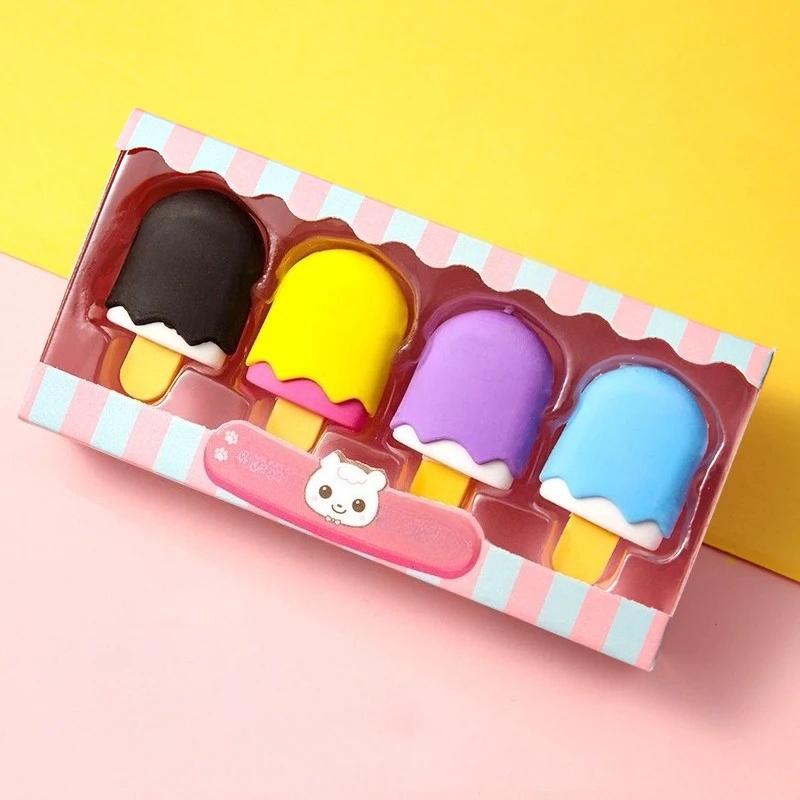 4pcs Yummy Dessert Erasers Set Mini Lollipop Icecream Popsicle Donuts Rubber Pencil Eraser for Kids School Student Award