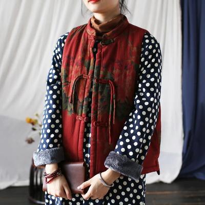 Frauen Vintage Rot Floral Westen Mäntel Stehen Plus Baumwolle Warme Kleidung Herbst Chinesischen Stil Taste Westen Mäntel
