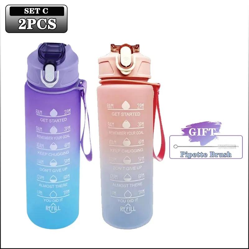 900ml Sports Bottle with Time Scale Outdoor Gradient Color Sports Bottle Portable Fitness Motivational Straw Mug BPA Free