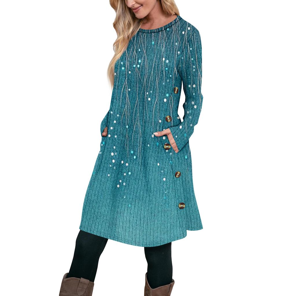 Women's Fashion Casual Long SleeveTunic Dress With Pockets Side Button Dress
