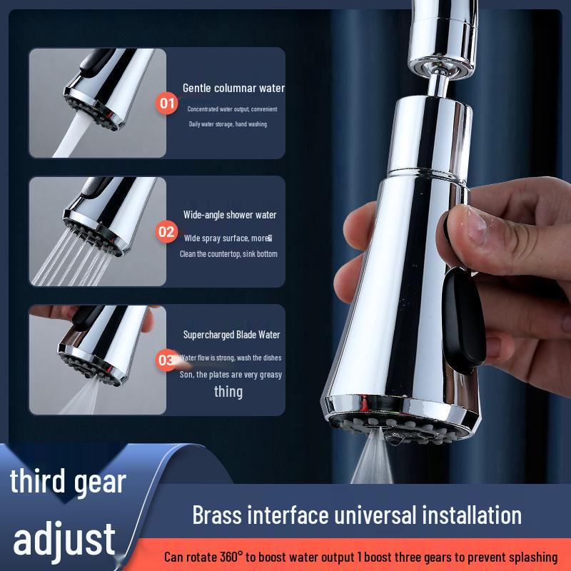 Splash-Proof 360° Rotating Kitchen Faucet with Three-Speed Pressurized Blade Flushing Aerator