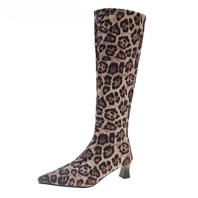 2025 New Winter Women Stretch Modern Boots Leopard Print Shoes Ladies Sexy High Heel Long Booties