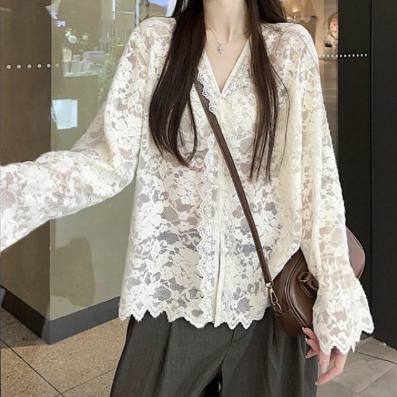 

Long Sleeve Lace Blouses Women Clothing Hollow Out Sexy Tops See Through Summer White Shirts S белый