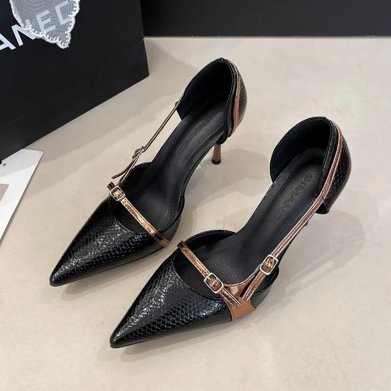 New Pointed Toe Snakeskin Stiletto Heels Summer  Women's Retro Shallow Mouth Metal Buckle Hollow Non-slip Single Shoes