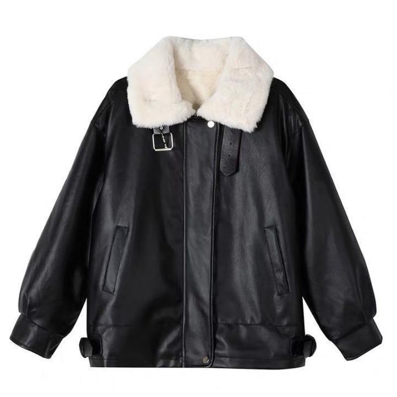 

Женская зимняя студенческая кожаная куртка с флисовой подкладкой, свободная и тонкая, в стиле ретро, мотоциклетная, трендовая L recommends about 125-82.5 kg чёрный