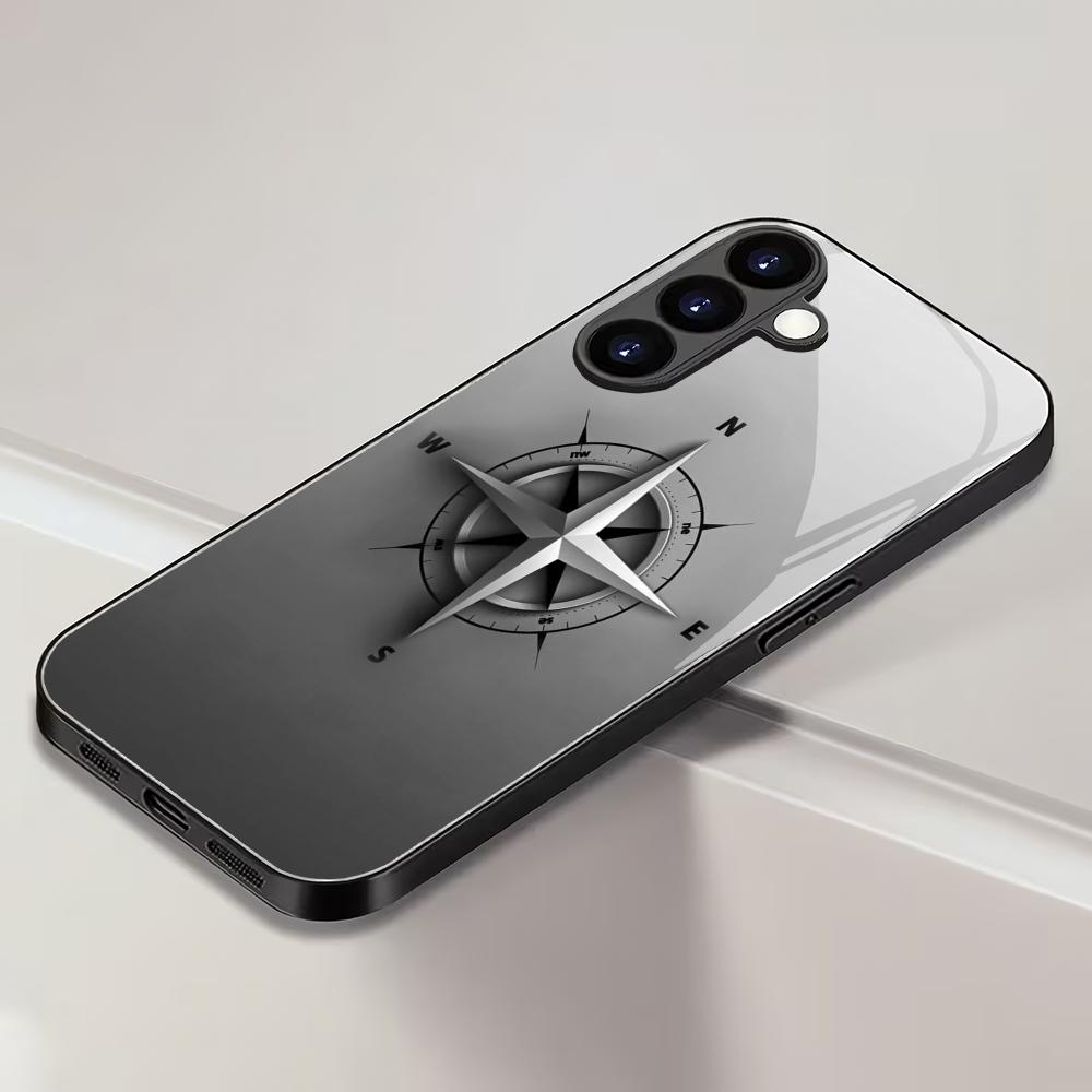Compass pattern tempered glass phone case suitable for Samsung GalaxyS26 S25 S24 S23 S22 S20FE/Ultra/Plus5G anti drop back cover