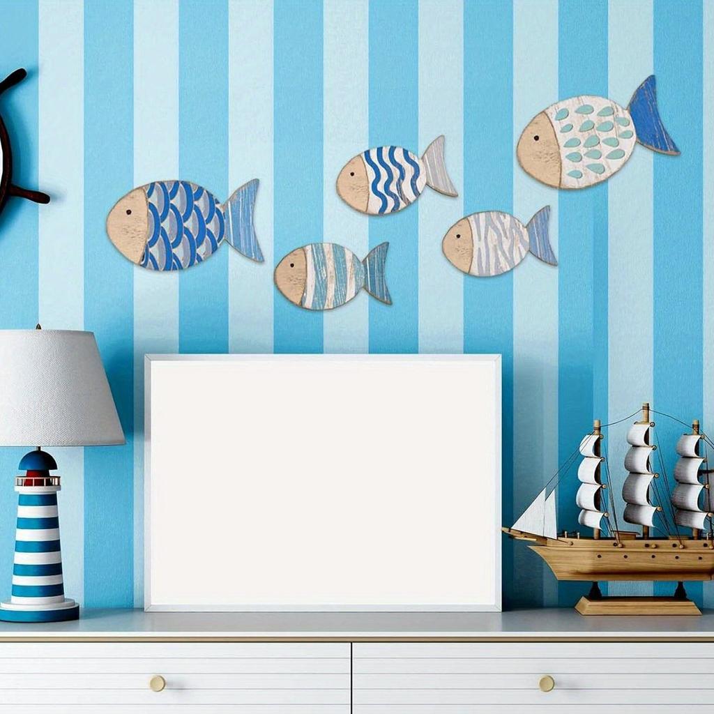 Handcrafted Wooden Ocean Wall Decor - Fish, Coral, Starfish & SailboatSet Ocean Home Decoration Non-3D Pattern Cute
