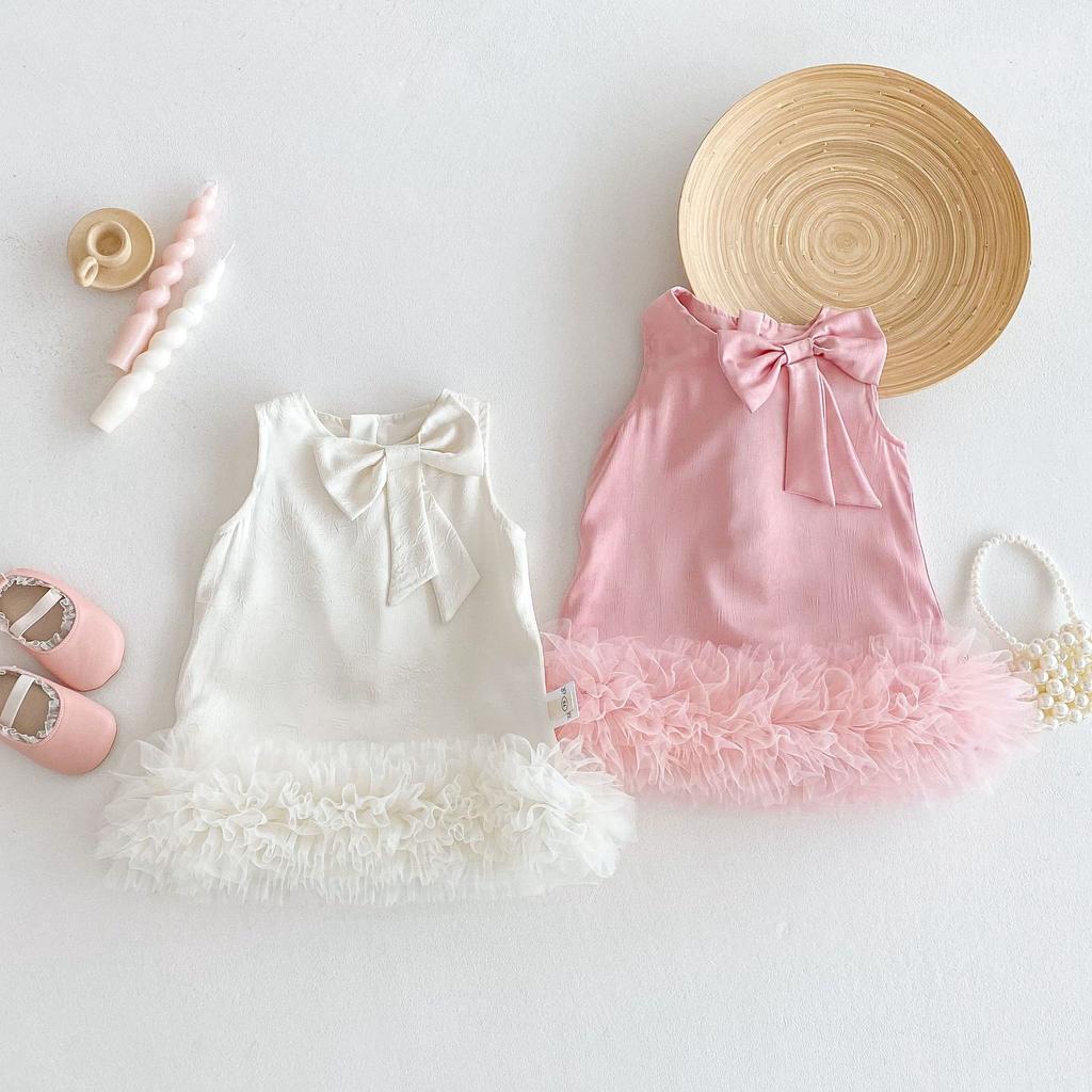 Girls Bowknot Princess Dress Summer Solid Color Tulle Dress Toddler Fashion Outfit for Kids
