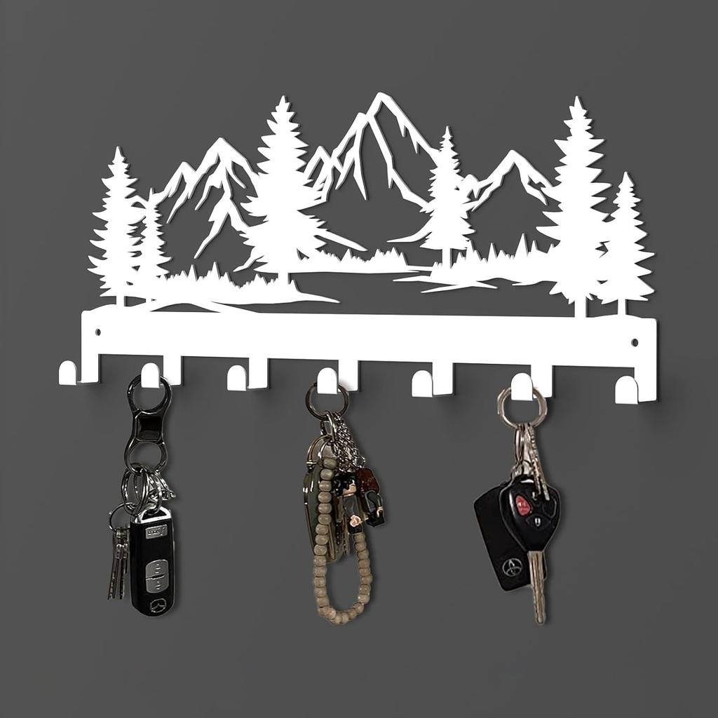 Key Holder Wall Mounted Key Hooks, Black Metal Key Rack Hooks, The Great Grove, Mountain Theme Wall Decoration Hooks, with 7 Hooks, Applicable To