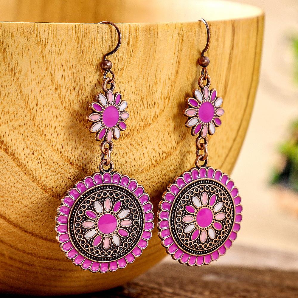 12 Colors Ethnic Vintage Enamel Sun Flower Earrings for Women Elegant Fresh Dangle Earrings Boho Vacation Party Jewelry
