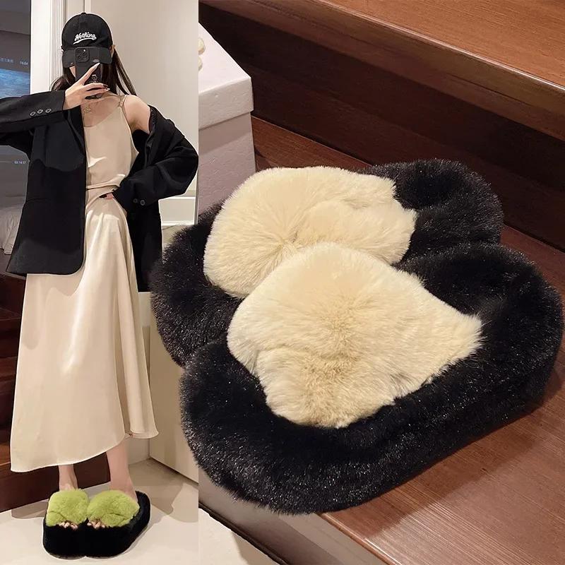 Fashion 2025 Autumn/Winter Candy Color Plush Slippers, Women's Plush Thick Sole Plus Size Cotton Slippers