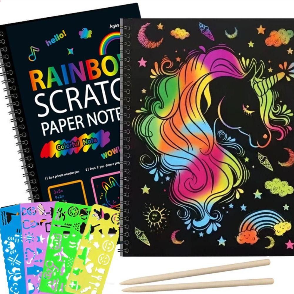 With Wooden Pen Rainbow Scratch Book Colorful Glitzy Paper Note Color Drawing Paper  Kids Gift