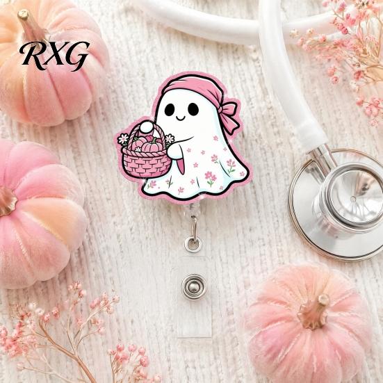 Clear Acrylic Retractable Badge Reel Halloween Ghost Reel, Glitter Holder Clip, Cute Pink for Collar or Bag ID Name Women Nurse Teacher Medical Office