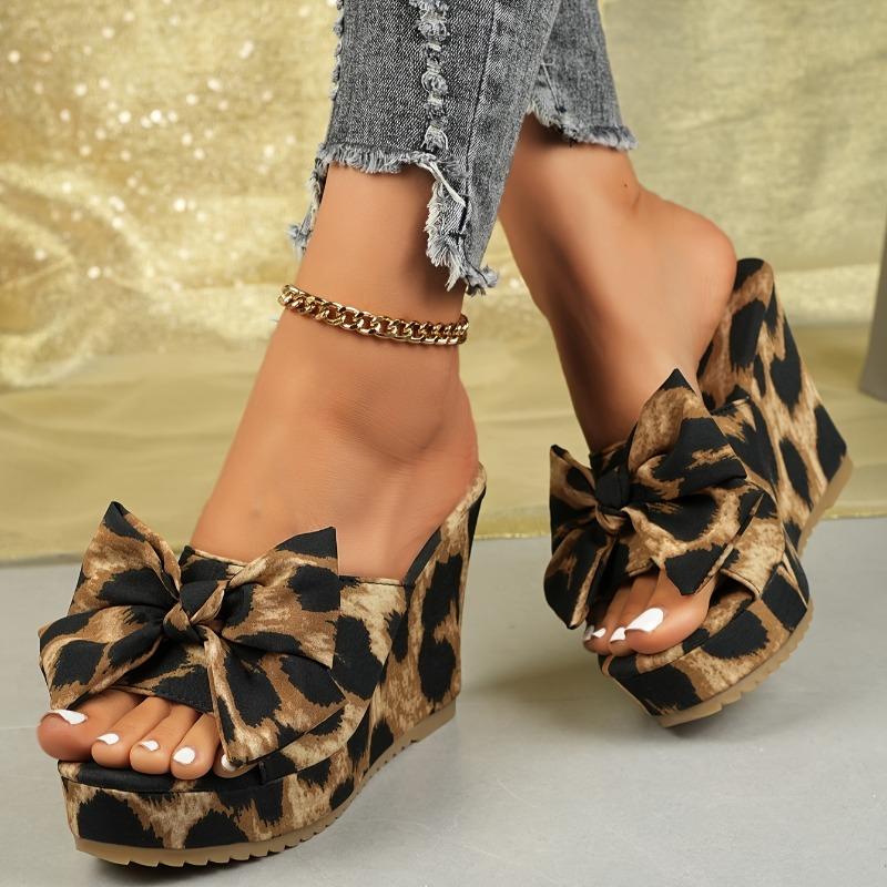 Women's Leopard Print Open Toe Wedges: cone heel, slip-on, fabric upper, rubber sole, hand-washable, comfy, sexy, for vacations.