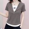 Two Fake Short-sleeved T-shirts for Women, Slim and Slimming, Half-zipped Top Clothes, Summer Thin and Stylish Outerwear, Color Matching