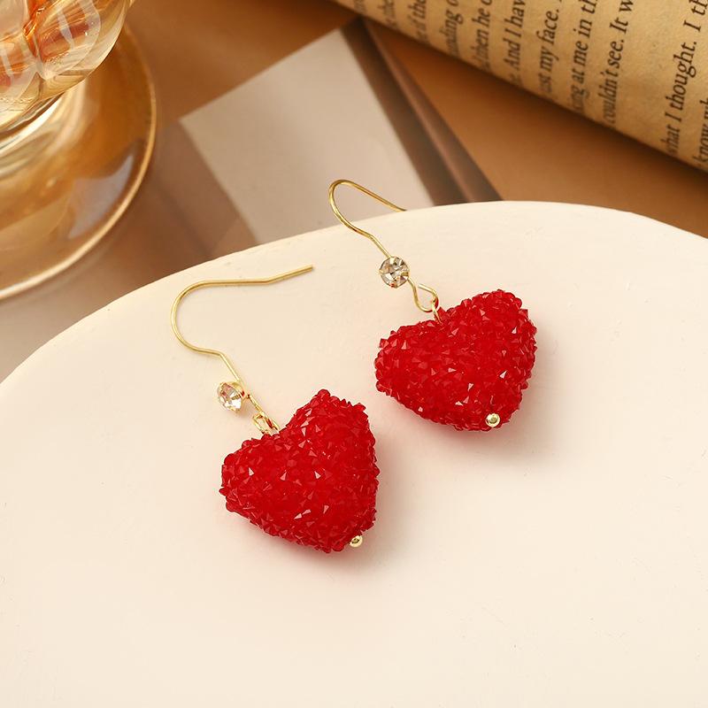 S925 Silver Needle Heart Earrings Full Diamond Valentine's Day Elegant Light Luxury Red Inlaid Diamond Earrings Niche Design Sense Stud Earrings