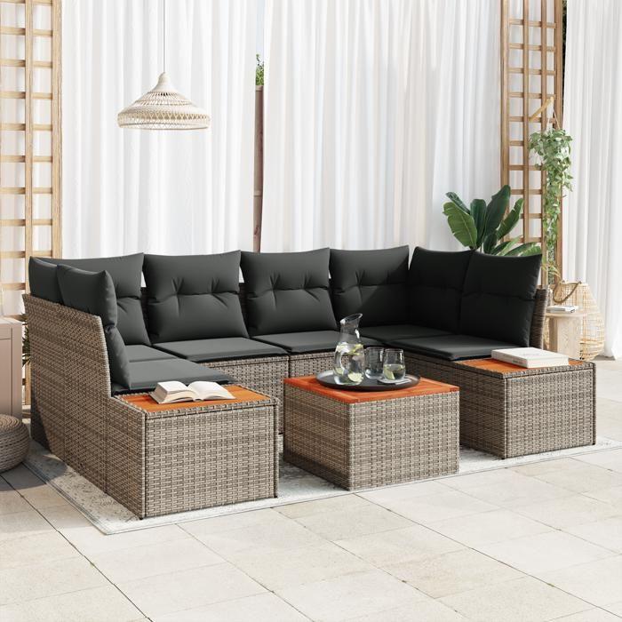 VidaXL Ensemble de canapé de jardin 7 pièces avec coussins gris poly rattan acacia 3348035