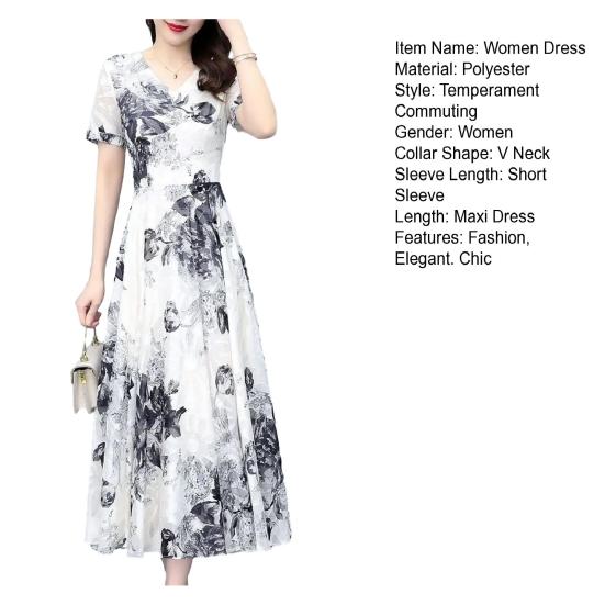 Women's Summer Flowy Chiffon Maxi Dress Casual Short Sleeve V Neck Long Dress Boho Floral Beach Sundress