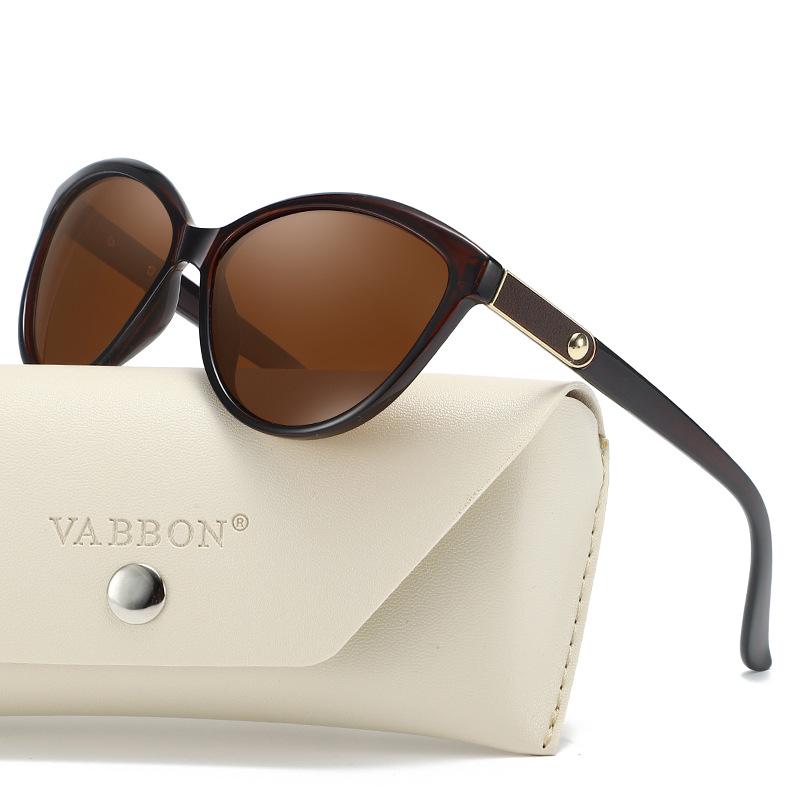 Korean Style Polarized Cat Eye Sunglasses with Leather Detail for Women