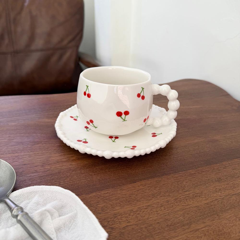 Cute Floral/Heart/Bow Tie Ceramic Cup Saucer Set Beaded Handle Scalloped Edge Coffee Milk Cup Home Kitchen Afternoon Tea Cups