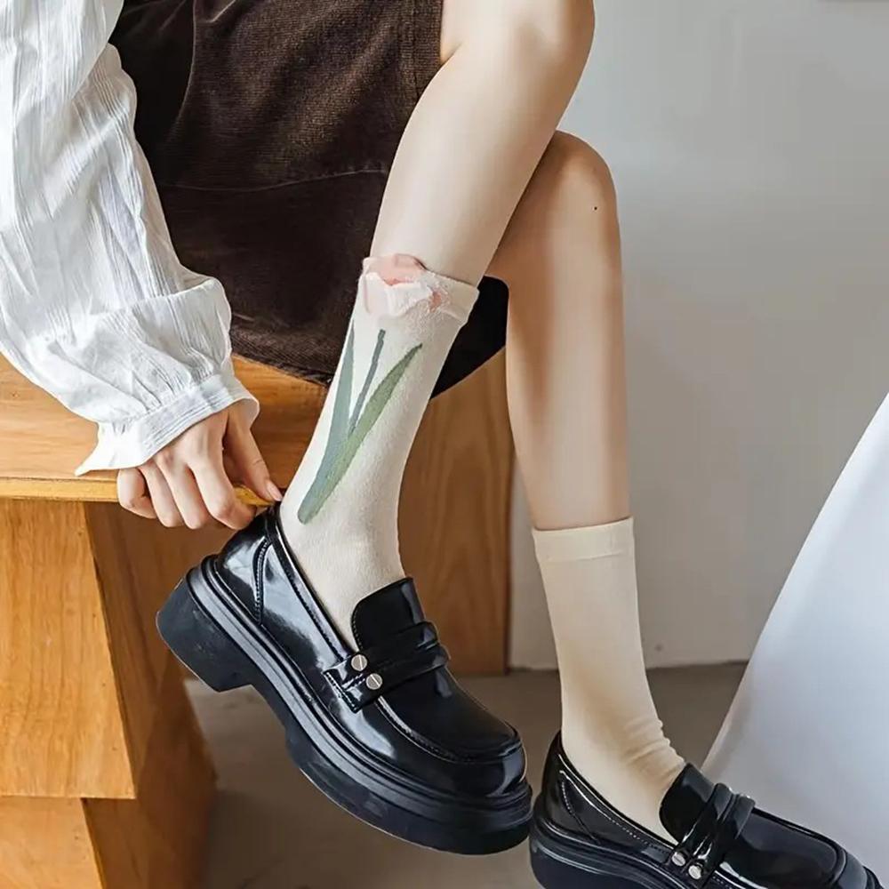 4 Pairs Women Floral Printed Socks Fashionable Versatile Cute Comfortable Sweat Absorbing Breathable Casual Mid Length Socks