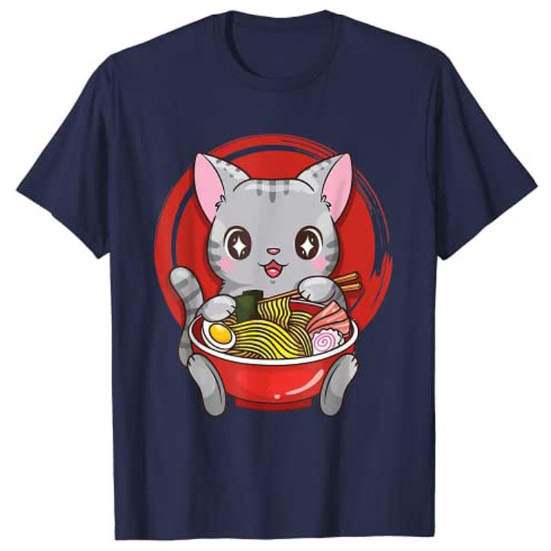 Official Teenager RaUnisex Cat Anime Kawaii Neko Japanese Girls TShirt Harajuku Clothes Y2k Kitten Eating Noodles Novelty Cute Tee