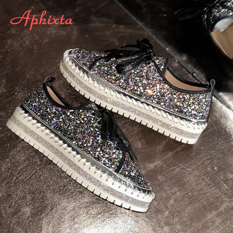 Aphixta 2025 New Sequined Lace Up Shallow Woman Shoes Silver Loafers Spring Woman Shoes Sewing Casual Shoes For Woman