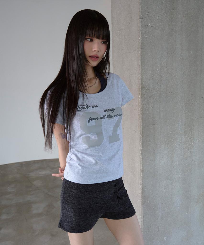 PRENDA 97 Curved Layered Graphic Top Gray