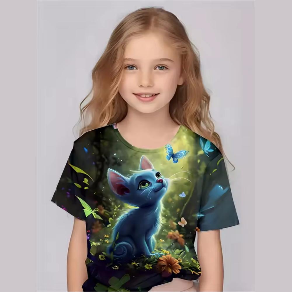 3D printed cute cat pattern T-shirt for girls  clothing, children s clothing top, Kawaii girls  summer outdoor short sleeved shirt, children s T-shirt 140