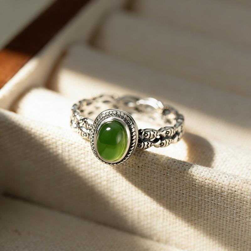 BF CLUB 925 Sterling Silber Ringe für Damen Einfach Geometrisch Handgefertigt Unregelmäßig Retro Grüner Stein Ring Allergie Für Geburtstagsgeschenk
