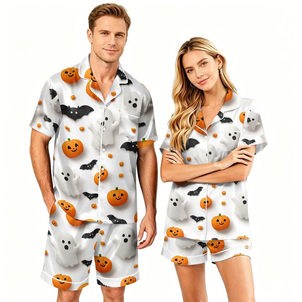 Couple Matching Halloween Pajama Set Short Sleeve Button Down Shirt with Hem Short Pants Soft Casual Loungewear S To XXXXL
