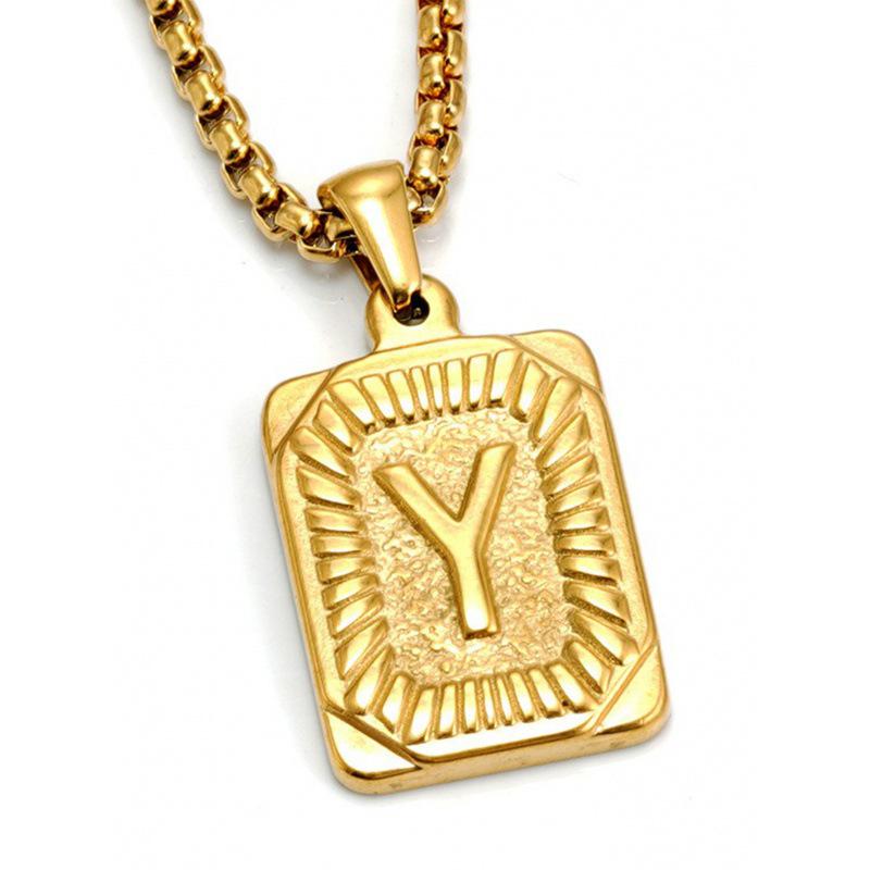 18K Gold Square Double-sided English Letter Pendant for Men, Titanium Steel Necklace