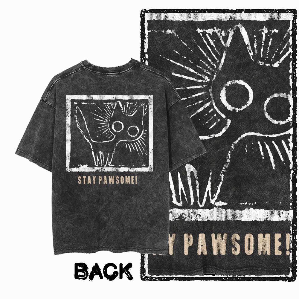 G55 Back Print Cotton Cool Cat Graphic Men T-shirt | Acid Washed Streetwear Big Size Vintage O-neck Men's Tee Tshirt