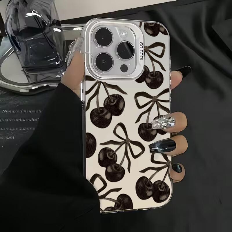 Black Cherry Bow Electroplate Silver IMD Phone Case For  Mi 14 13 12 13T 14T Pro 11 Lite NE Poco F6 X5 X6 M6 Pro 4G Cover
